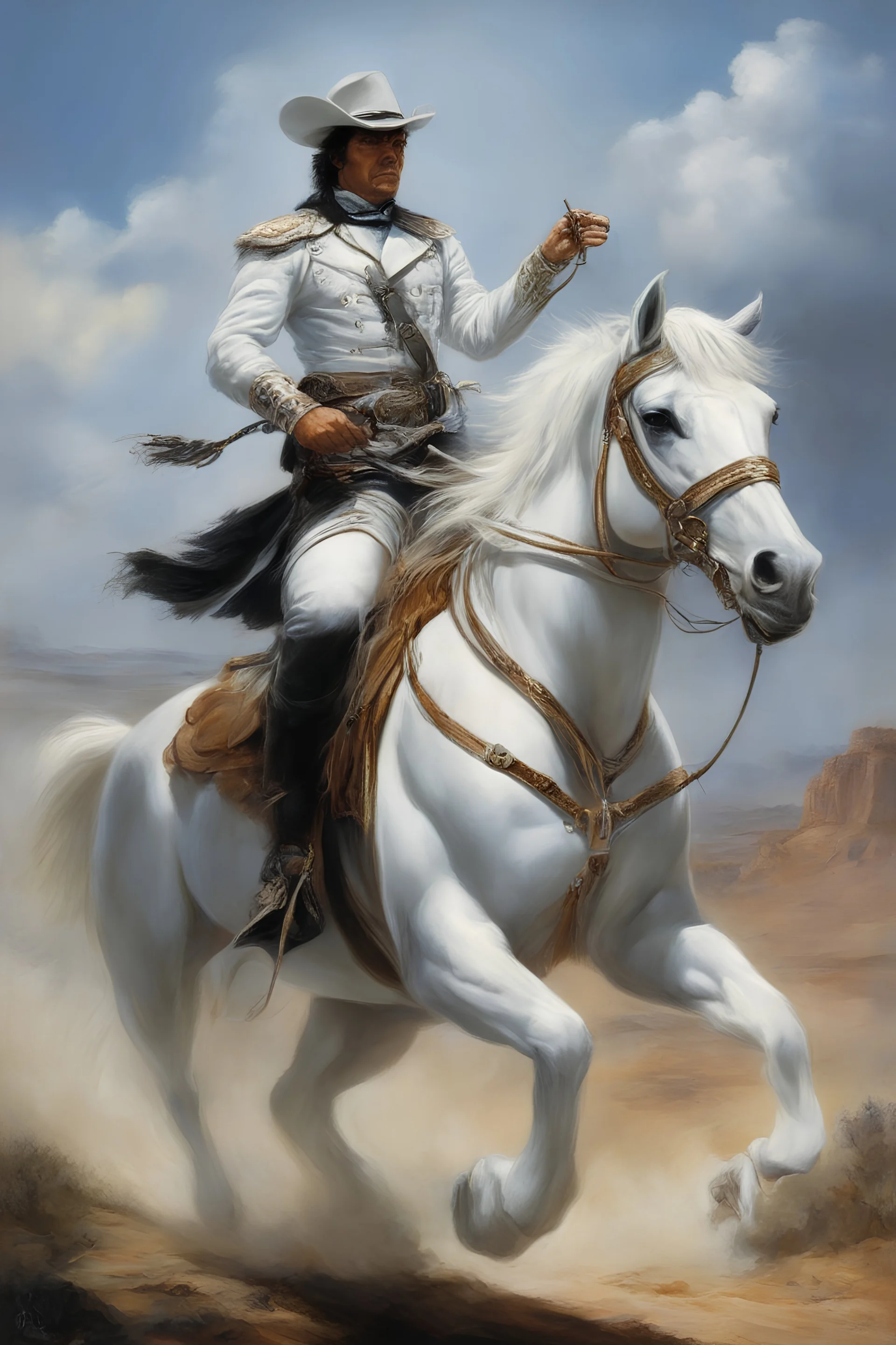 an extremely graphic depiction of the Lone Ranger riding his eight-legged white horse, "Hi Ho, Silver, Away!", oil painting by Boris Vallejo