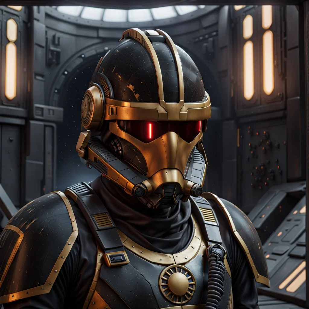 star wars bald male corellian pilot wearing pearlescent black and gunmetal grey First Order special forces heavy assault stealth commando armor and helmet with gold trim inside the jedi temple, hyperdetailed, dynamic lighting, hyperdetailed background, 8k resolution, volumetric lighting, light skin, fully symmetric details