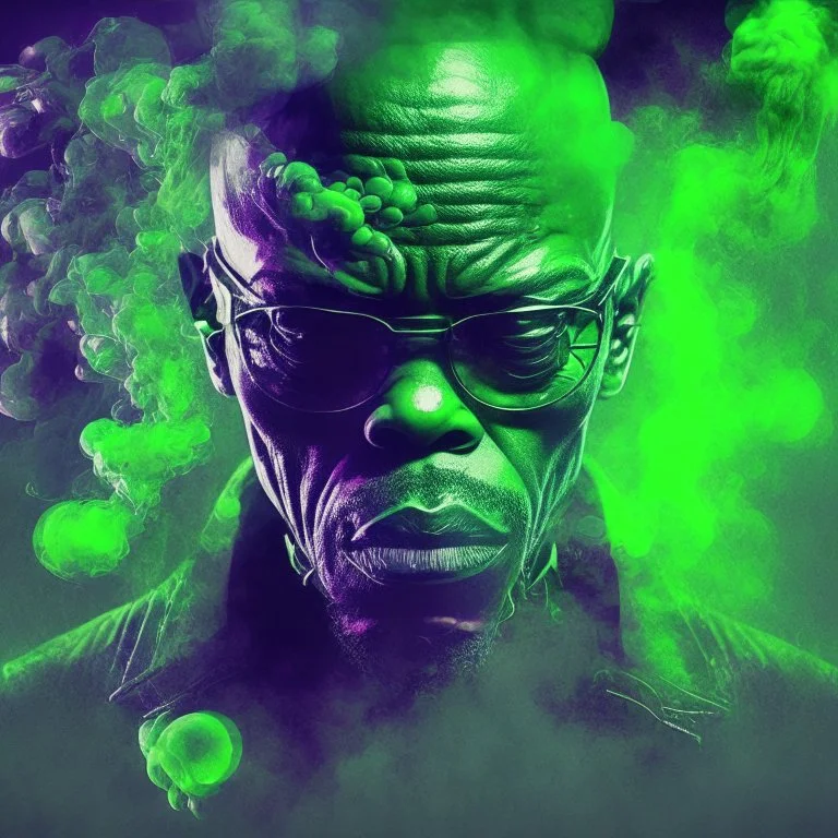 Yung Samuel l jackson, mutando en un alienigena skrull, depresive green abstract digital art obscure smoke london dramatic