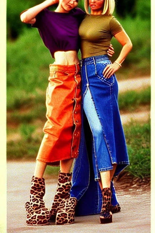 year 1996 denim fashion. Loose skirt, low waist. Combat t-shirt. Colors: denim blue, blue, purple, cream, khaki, light green, lilac, plum, orange, terracotta, red, light yellow, pink, dark blue, beige. Latex in small part. Something between camouflage and cheetah prints.. bridget jones and jennifer lopez