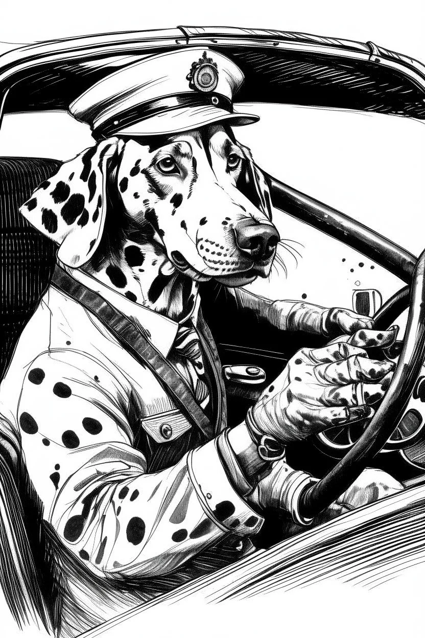 Ink sketch of a dalmatian dressed as a black cab driver with one hand in the driving wheel