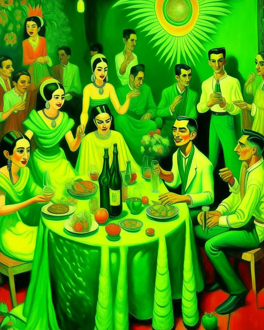 A lime green disco party painted by Frida Kahlo