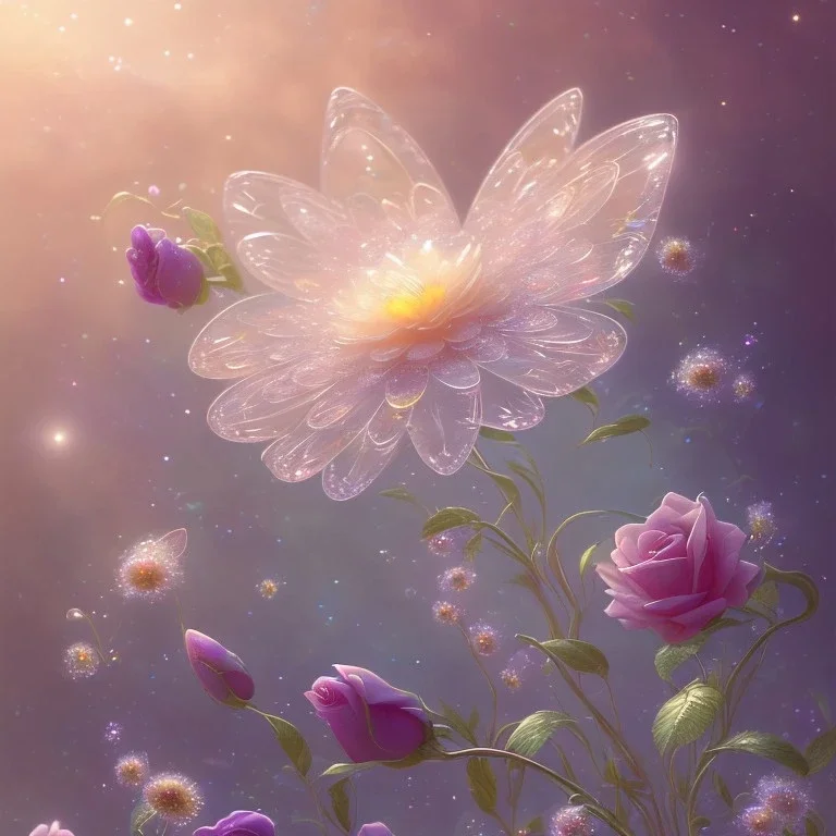 one big crystal subtle flower in a galactic ambiance with a beautiful fairy, transparent petals, delicate colors, in the foreground, full of details, smooth，soft light atmosphere, light effect，vaporwave colorful, concept art, smooth, extremely sharp detail, finely tuned detail, ultra high definition, 8 k, unreal engine 5, ultra sharp focus