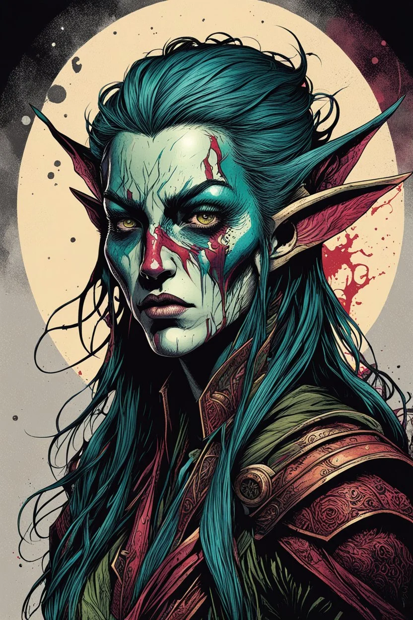 highly detailed color woodcut concept illustration of a world weary, female Scoia'tael rebel elf character , maximalist, sharp focus, highest resolution, in the styles of Alex Pardee, Denis Forkas , Bill Sienkiewicz, and Masahiro Ito, boldly inked, 8k, coarse, gritty textures