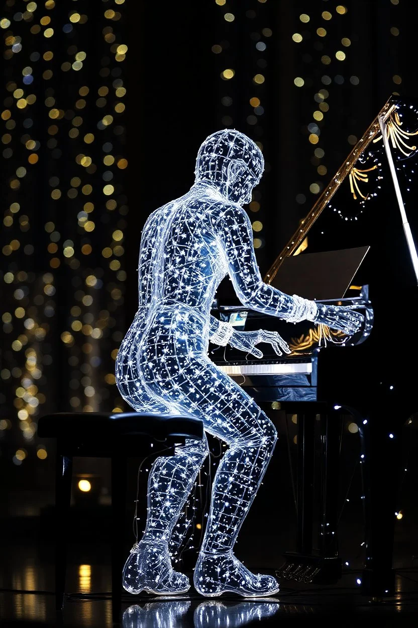 The whole body of Maniquí de glassy filled with tiny sparkling lights in the background Artist mader playing the piano