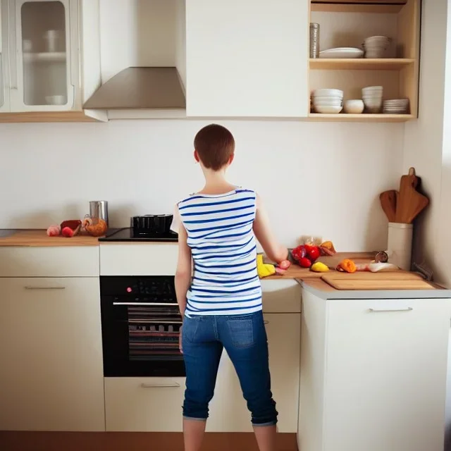 Realistic photo Russian shorthair beautiful tomboy boyish boylike young mother wide hips in kitchen