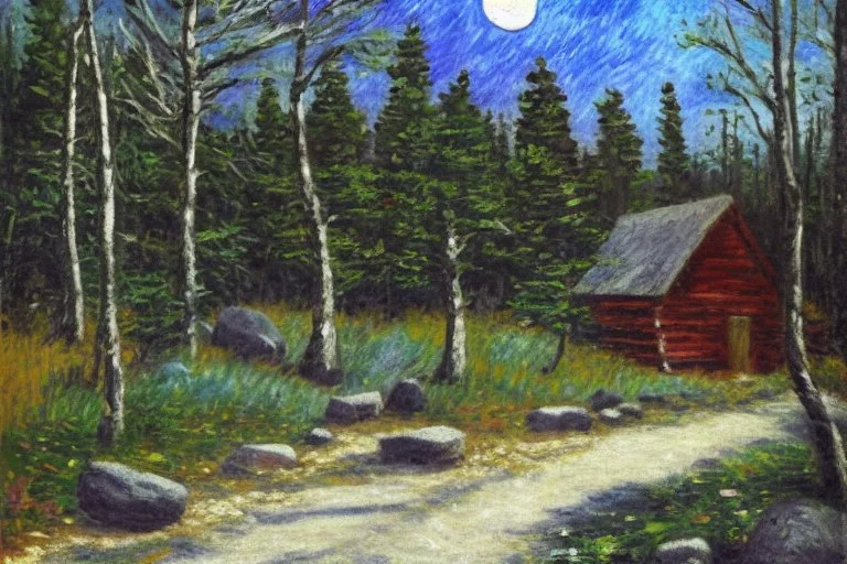 Night, moon, cabin, rocks, trees, distant trees, pathway, grass, impressionism painting