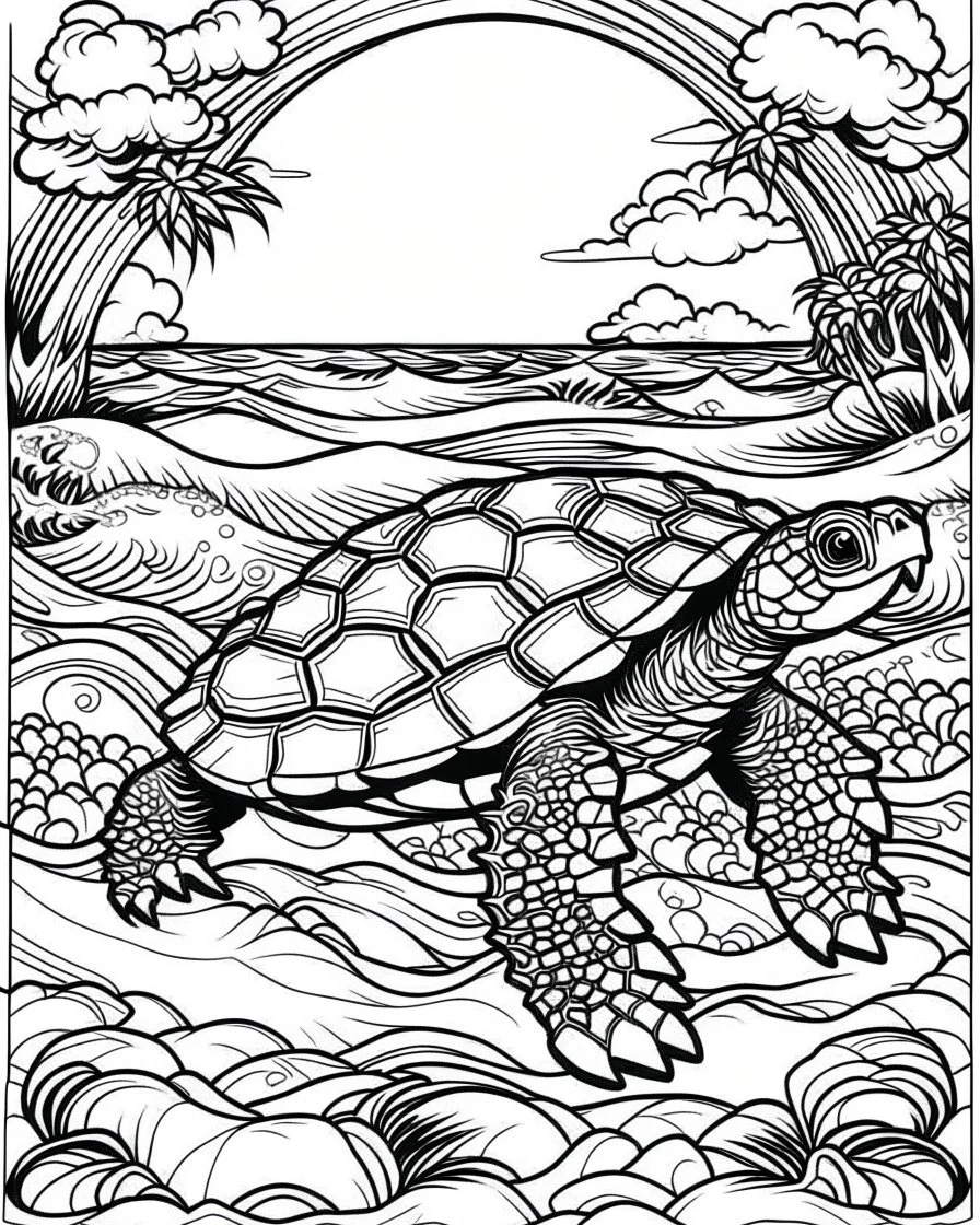 coloring pages for kids, Pacific island shaped Japanese ink painting, paradise, sea turtles, yellow sun, a Polynesian warrior , Art drawing .super detailed, anime cartoon style, thick lines, low detail, black and white, no shading, --ar 85:110