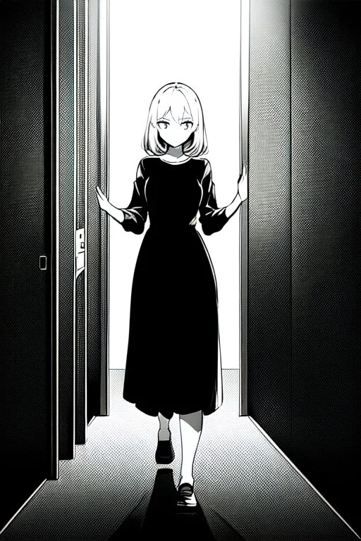 blonde girl walks down corridor in the dark with a flashlight, greyscale