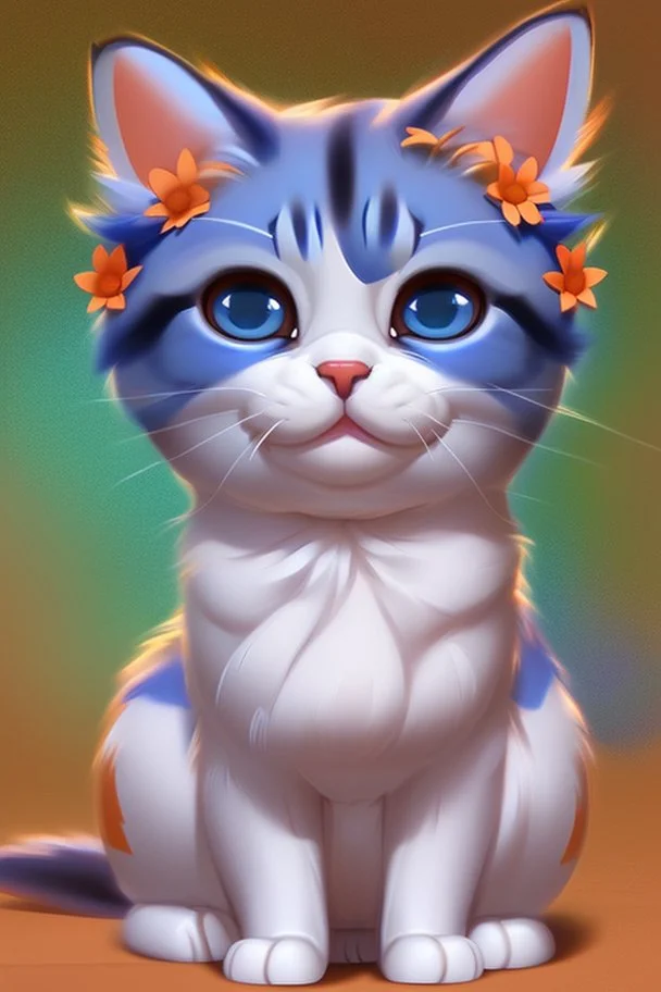 Blue and orange chibi pixar cats with big lifelike eyes and flowers