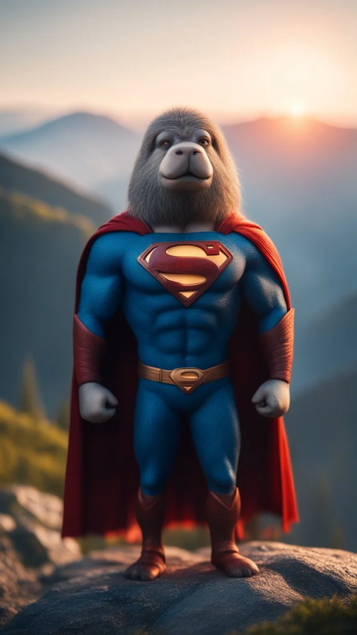 portrait of Superman with wig as Vampire walrus in carpathians montains sun set ,bokeh like f/0.8, tilt-shift lens 8k, high detail, smooth render, down-light, unreal engine, prize winning