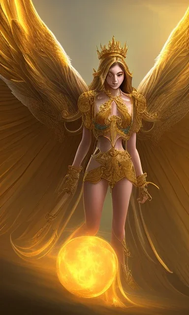 Female angel with big wings and golden crown floating above the ground in the dark, michelangelo style, detailed, world of warcraft style