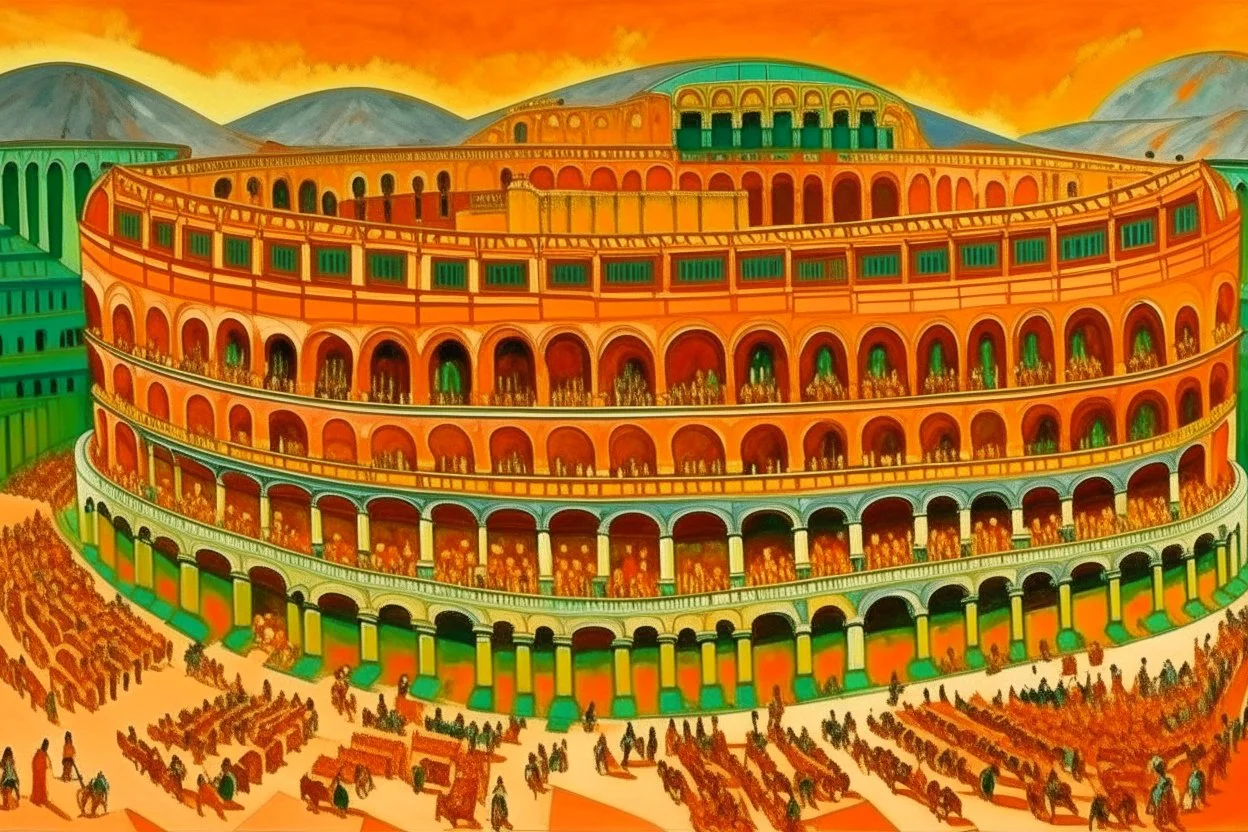 An orange colored food themed coliseum painted by Gustav Klimt
