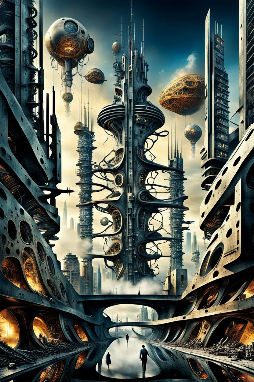 a stunningly weird image of a futuristic twin metropolis using Salvador Dali's paranoiac-critical method, where buildings and structures appear to melt into the skyline cityscape is filled with floating mad, twisted sharp metal shapes that interact with the buildings and each other, forming a surreal tableau of a dreamlike reality. neu-steampunk vibe, essence of the scene in a cinematic manner, with dramatic shadows that enhance the distorted perspectives and bizarre, futuristic surreal vibe