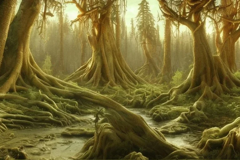 gaea, 3d treepunk, volumetric pastel orange and red glowing forest environment and background, epic color pencil painting of abstract art plant camps, 16k, intricate flora, ancient willow tree, twisted wood, lush, ancient roots, organic, psilo mushrooms, stacks of wood, ancient vines, leaves, ambient occlusion, rocks, uhd, realistic shaded volumetric lighting, ancient wood, sunlight caustics, volumetric clouds, pigmented colors, redshift engine render, concept art and visualization by sam curry