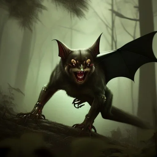 franz frazetta style, vampire bat lurking in the forest clearing, night