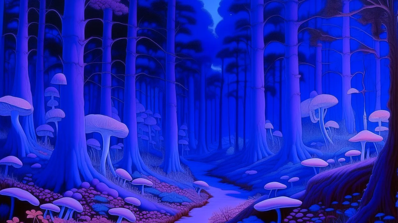 A purple forest with glowing mushrooms painted by the Limbourg brothers