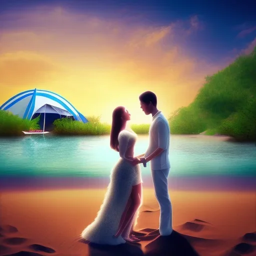 2 lovers last kiss in sand island with tent and river background