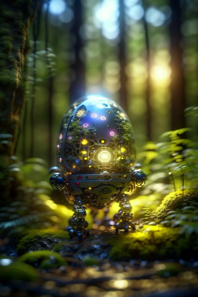 picture of a magical forest sparkling with light,cute chate robot inside transparent egg,shot on Hasselblad h6d-400c, zeiss prime lens, bokeh like f/0.8, tilt-shift lens 8k, high detail, smooth render, down-light, unreal engine, prize winning