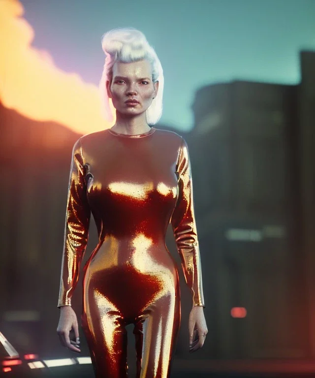 retro sci-fi portrait image from 1980, supermarket parking explosions, fire, scared people, blonde woman walking, sweet Kate moss face, tight latex suit, soft color, highly detailed, unreal engine 5, ray tracing, RTX, lumen lighting, ultra detail, volumetric lighting, 3d, finely drawn, high definition, high resolution.