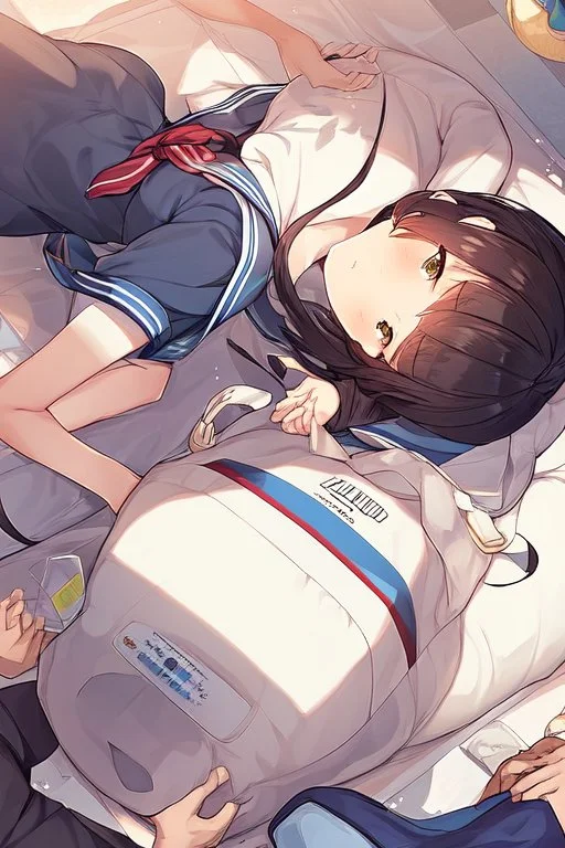 cute girl in school uniform, laying in beanbag with a boy behind her