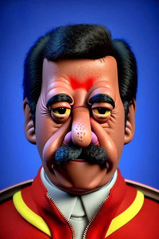 Waist up muppet Portrait, Nicolas maduro us muppet doll, Venezuelan president, tracksuit red blue and yellow, mustache, photo studio, red background, unreal engine 5, concept art, art station, ray tracing, lumen lighting, ultra detail, volumetric lighting, 3d.