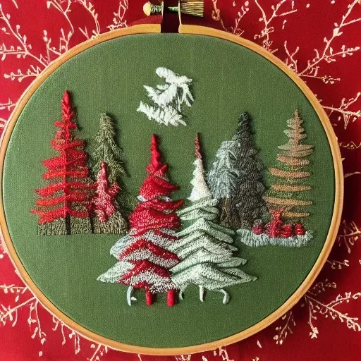 exquisite whimsical christmas forest in embroidery hoop, intricate, highly detailed, linen and wood backdrop