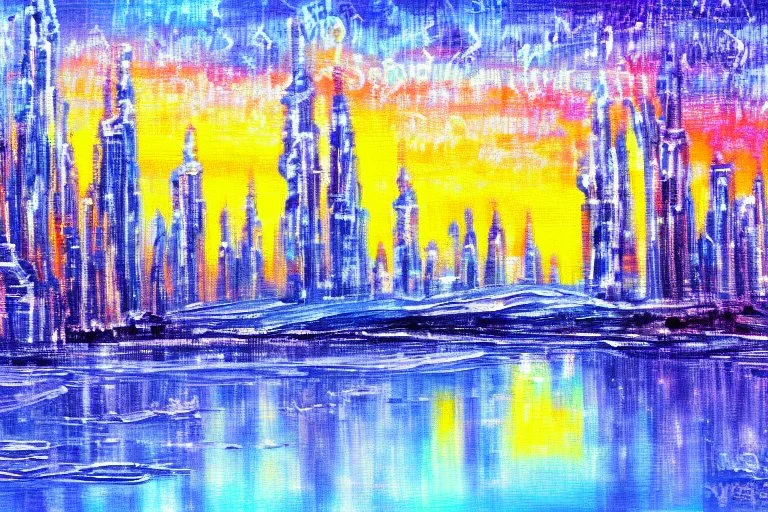 Science fiction city near frozen lake, impressionism painting