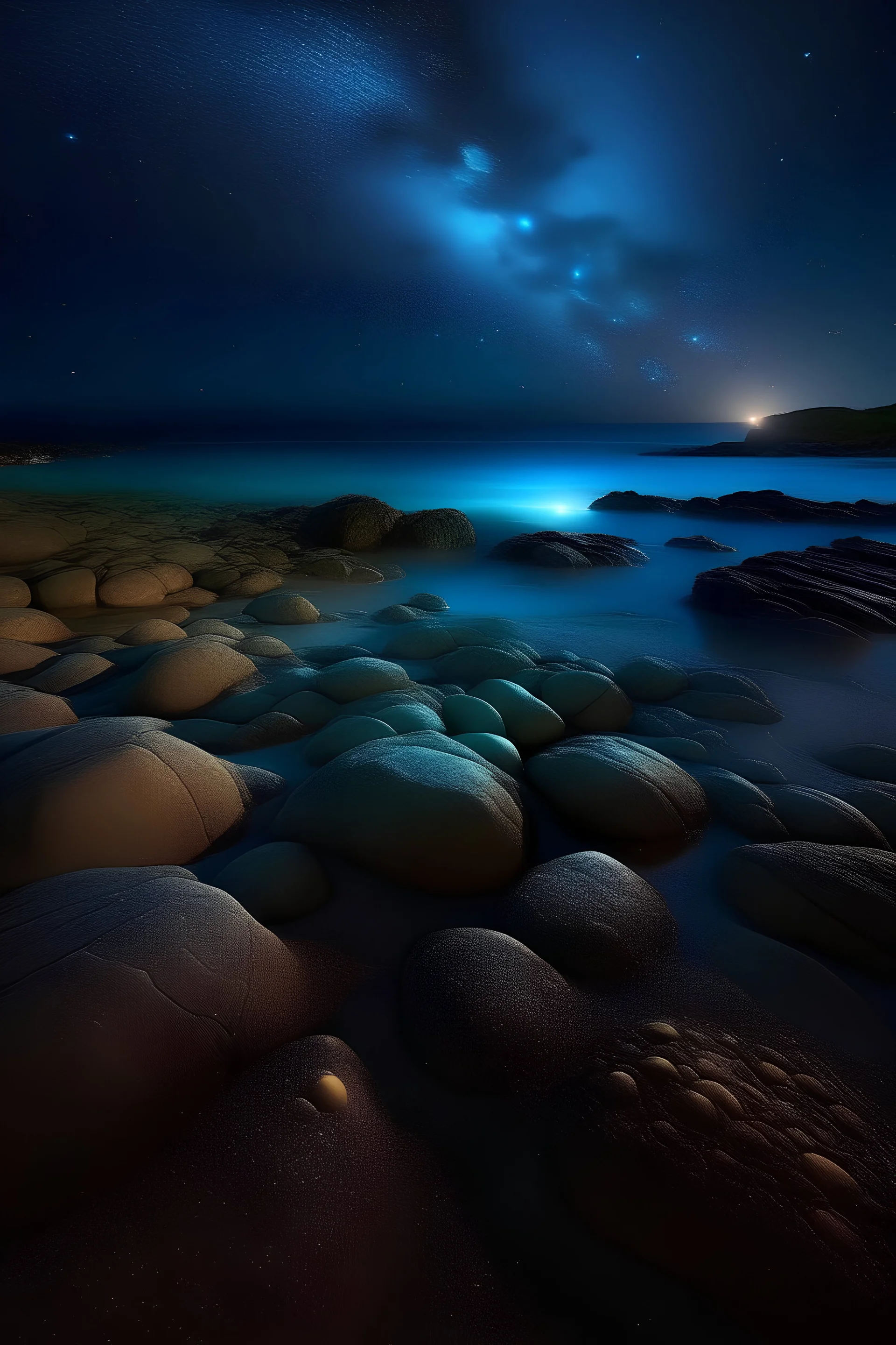 Night, endless starry sky, milky way, sea, beach, sand, stones in the water, moonlight with blue, luminous water, bioluminescence of water, delight, unusual angle, interesting angle, high detail, digital art, professional photo, 1/300s,1/250s,300mm,HDR, ISO300, luminous plankton, shining patches in the sea, side view