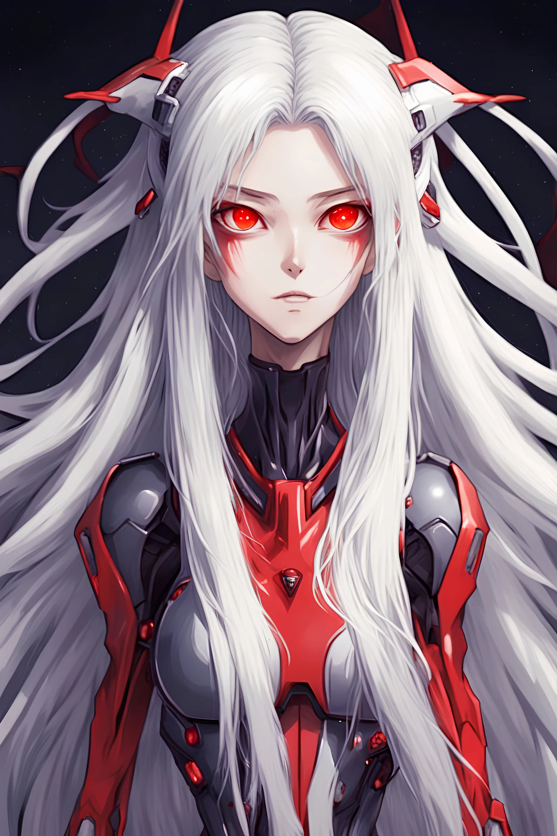 alien like anime girl with long white hair and red eyes in evangelion style