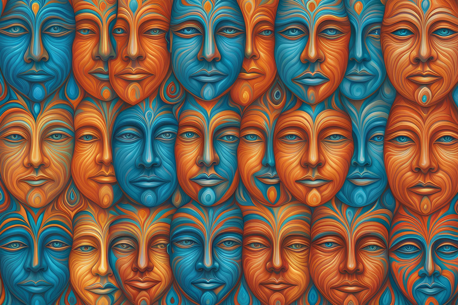 psychedelic gallery of faces in orange, blue, and teal colors in the illustrated style of Alex Grey