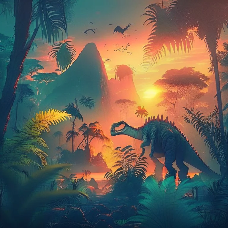 dense fantasy jungle with dinosaurs at sunset