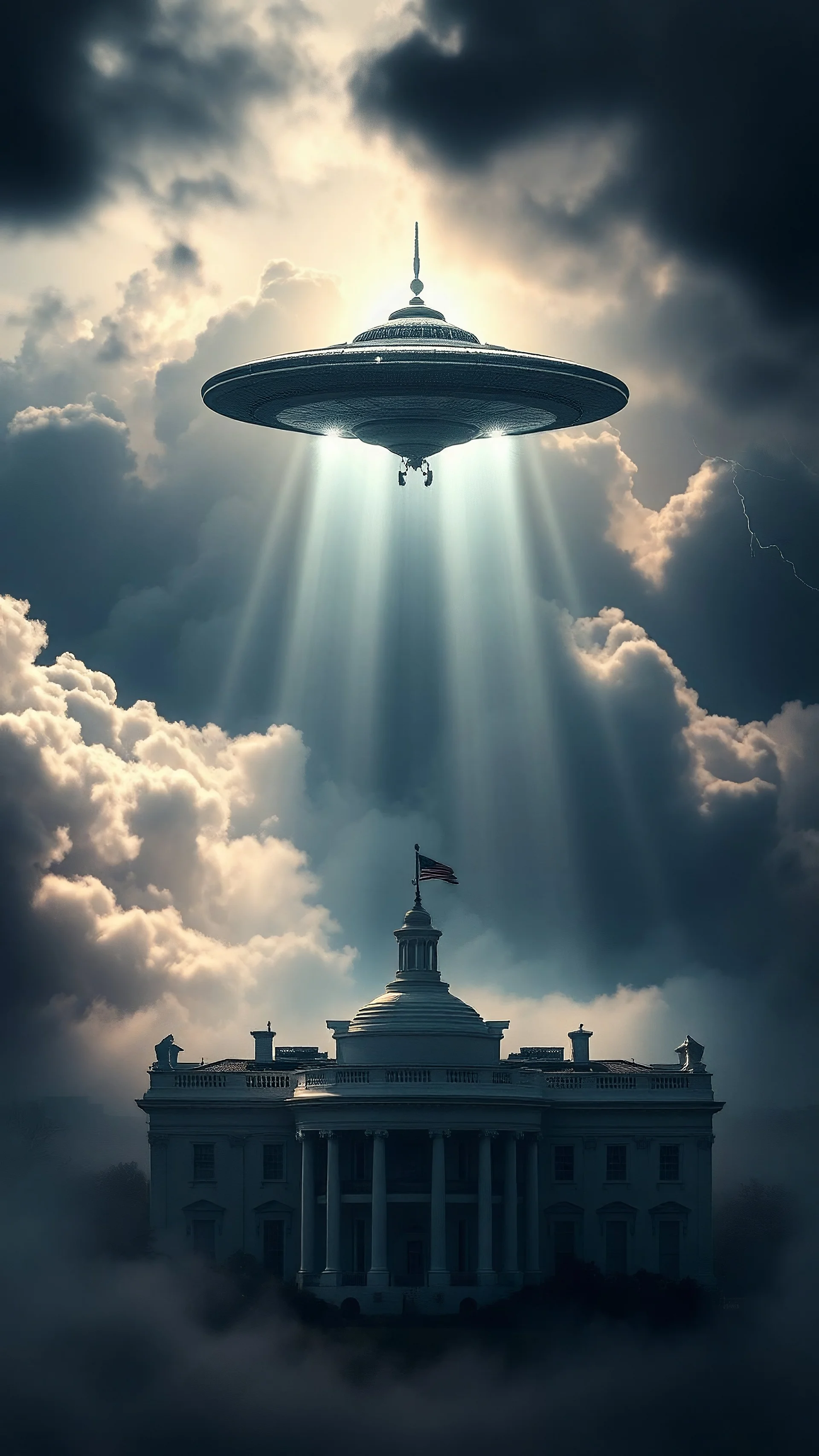 A ufo hovering above the White house hovering above swirling clouds, emerges from the heart of a raging storm. Turbulent winds of steam swirl around the iconic structure, lit by shafts of sunlight that cast dramatic shadows on the A large UFO spacecraft hovering over the pentagon building surrounding clouds. A storm rages and thunder lights up the dark sky,