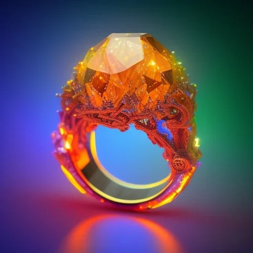 Ring made by wood roots and shreds of glass, orange diamonds sparkles, red rubi fragments around, blue lights reflexes, complex structure, gold details, intricate ring pattern,Unreal Engine 5, macro lens,sharp focus, realistic, hyper detailed, studio lighting, neon light ambient, cinematic