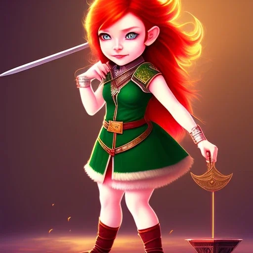 Halfling, girl, full body, red hair, adventure, sharp, green eyes, magic staff