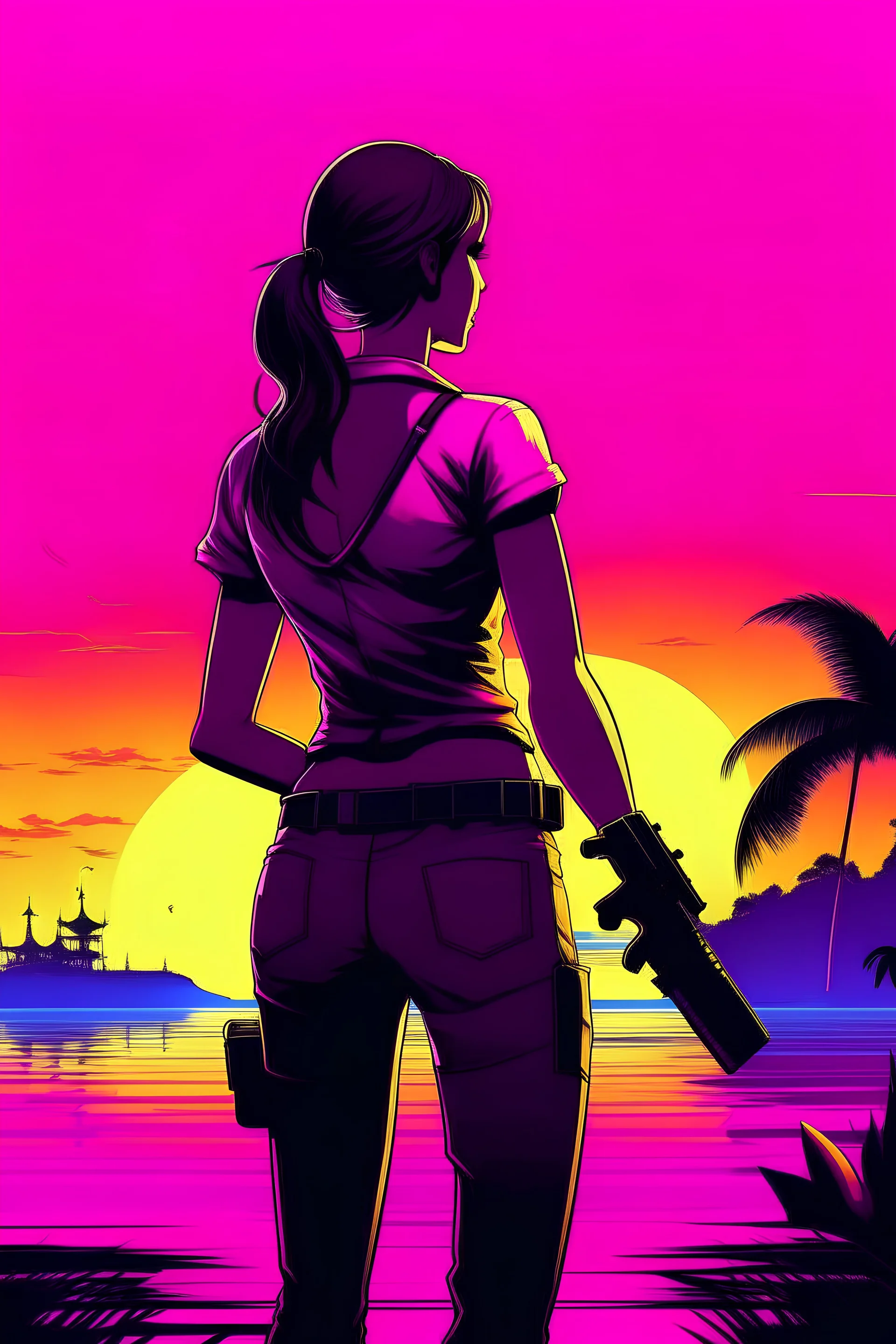 An illustration in the style of GTA 6 of a woman, dressed in a yellow bikini, seen from the back, handcuffed behind her back, holding a water pistol in her hand, looking at a purple magenta sunset, neon color grading, silhouette palmtrees on the side and the sea on the horizon.