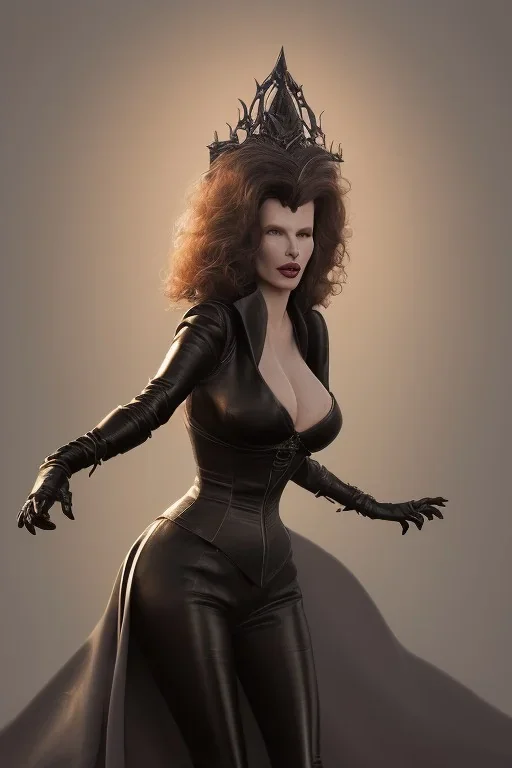 Kim Basinger as evil queen in black leather, busty, cleavage, curvy, angry, stern look. character design by cory loftis, fenghua zhong, ryohei hase, ismail inceoglu and ruan jia. unreal engine 5, artistic lighting, highly detailed, photorealistic, fantasy