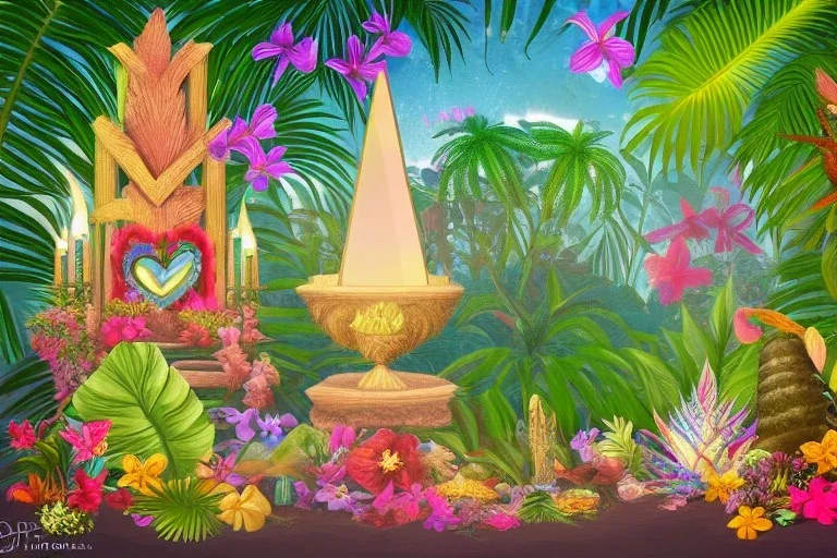  Tropical flowers, heart drawing, crystals, tropical leaves, sacred altar, Fantasy temple, Surreal landscape.