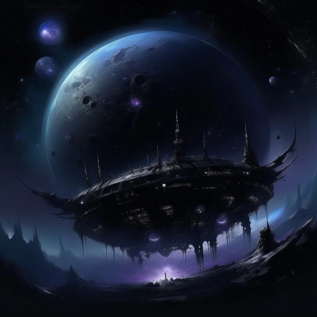 A purplish black shadow moon empire in outer space painted by Zhang Lu