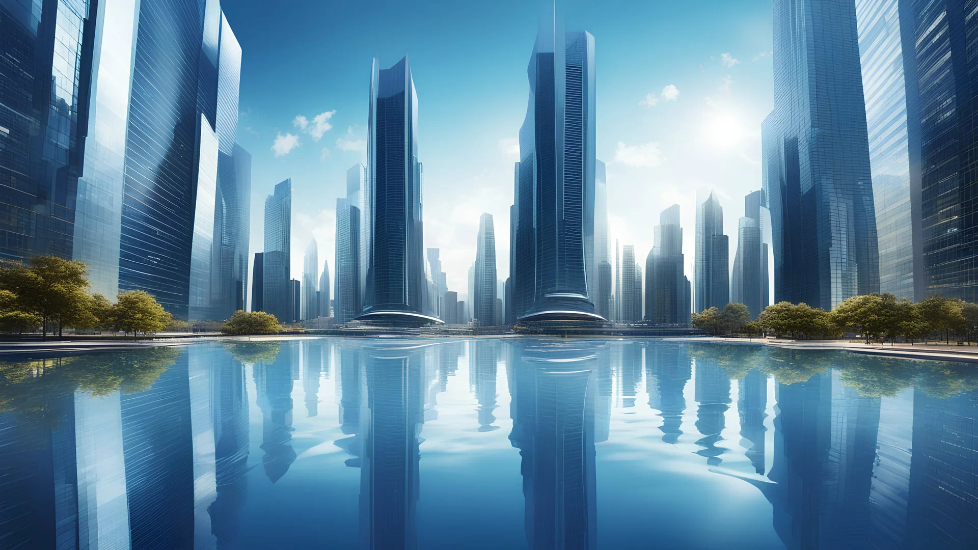 Skyscrapers of a smart city, futuristic financial district, graphic perspective of buildings and reflections on water - Architectural blue background for corporate and business brochure template