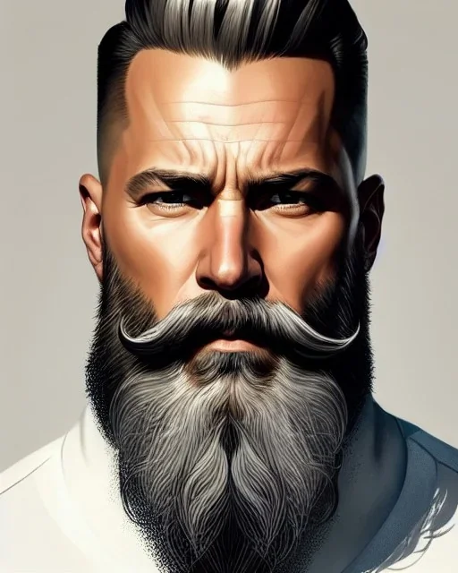 "MIddle aged white human male, with a trimmed but uneven beard, piercing eyes with slick back hair, full-scale head and shoulders portrait, 8k resolution concept art portrait by Greg Rutkowski, Artgerm, WLOP, Alphonse Mucha dynamic lighting hyperdetailed intricately detailed Splash art trending on Artstation triadic colors Unreal Engine 5 volumetric lighting Splash art fantasy"