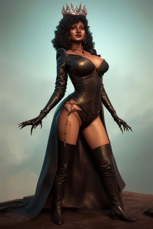 Pam Grier as evil queen in black leather, leather, busty, cleavage, angry, stern look. character design by cory loftis, fenghua zhong, ryohei hase, ismail inceoglu and ruan jia. unreal engine 5, artistic lighting, highly detailed, photorealistic, fantasy