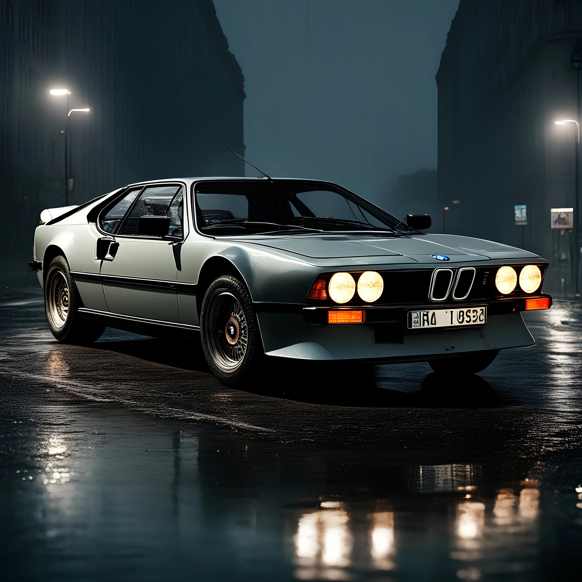 BMW M1 (1978–1981) in modern design, military graycolored supercar with (((big swastika sign on door))), rain, neon light reflections,4k,raytracing,night,driving, ((1940s ruined berlin background)), volumetric lights, with bright lights, Canon 5d, photorealism, candy, stance works,widebody, hyperreal, selective bloom, videogame hyperreal render, straight lines, close view, particle effects, 2.2 gama, sony a7r7, Tamron 10-24mm f/3.5-4.5, ISO 3200, extremely detailed, 8k texture cinematic view,