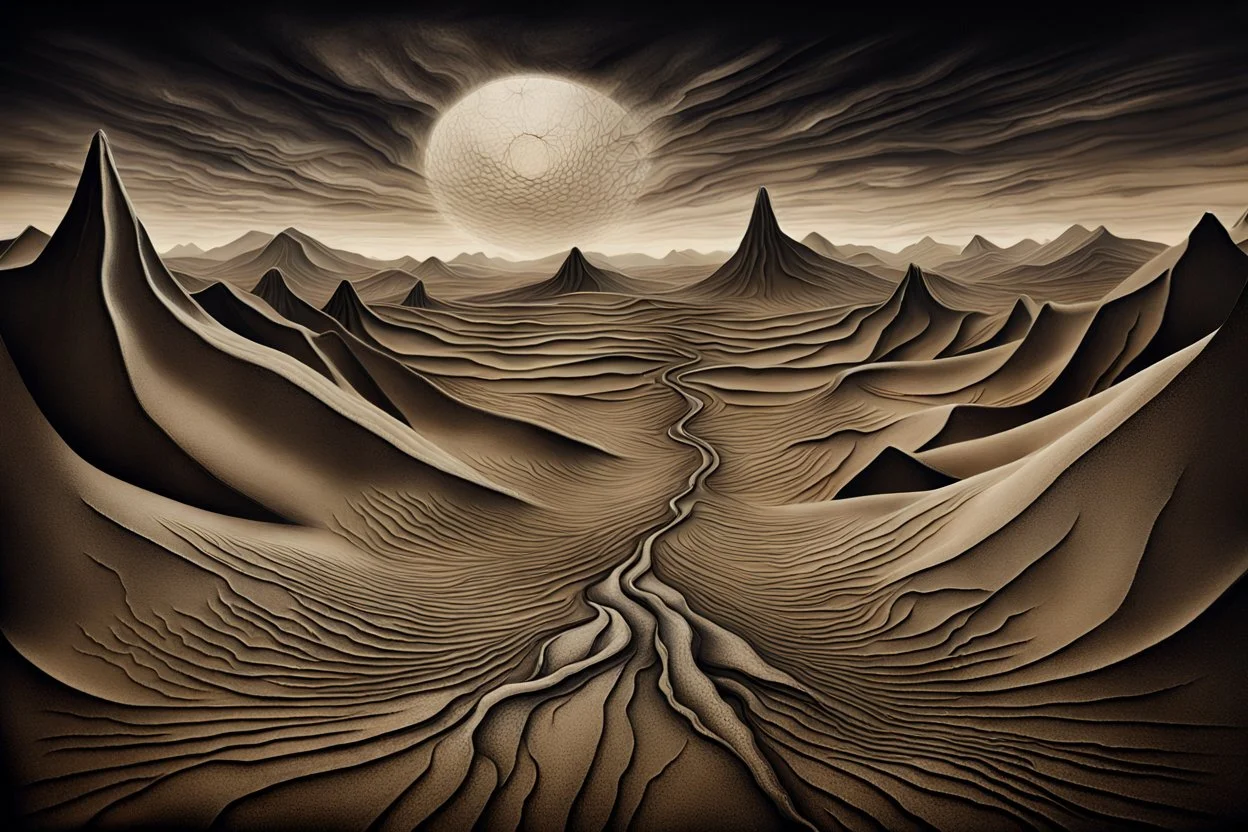 inner world and dynamics of the uncontrolled mind and soul, chaotic, lonely island , vallay and mountains, deep Sahara, surreal cracked , brocken weird land. The Whimsical style , dark visions , thin bronse lines, impasto high textures, lonely, dark vibe, absurd beauty, deep, dark nightmare . The broken, weird bizarre landscape, dark dunes, surreal mood