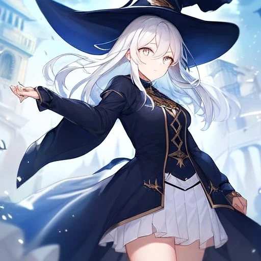 Clear focus, High resolution, medium length hair, white cyan hair, cyan eyes, wearing a witch uniform, Sighing, wearing a medium skirt