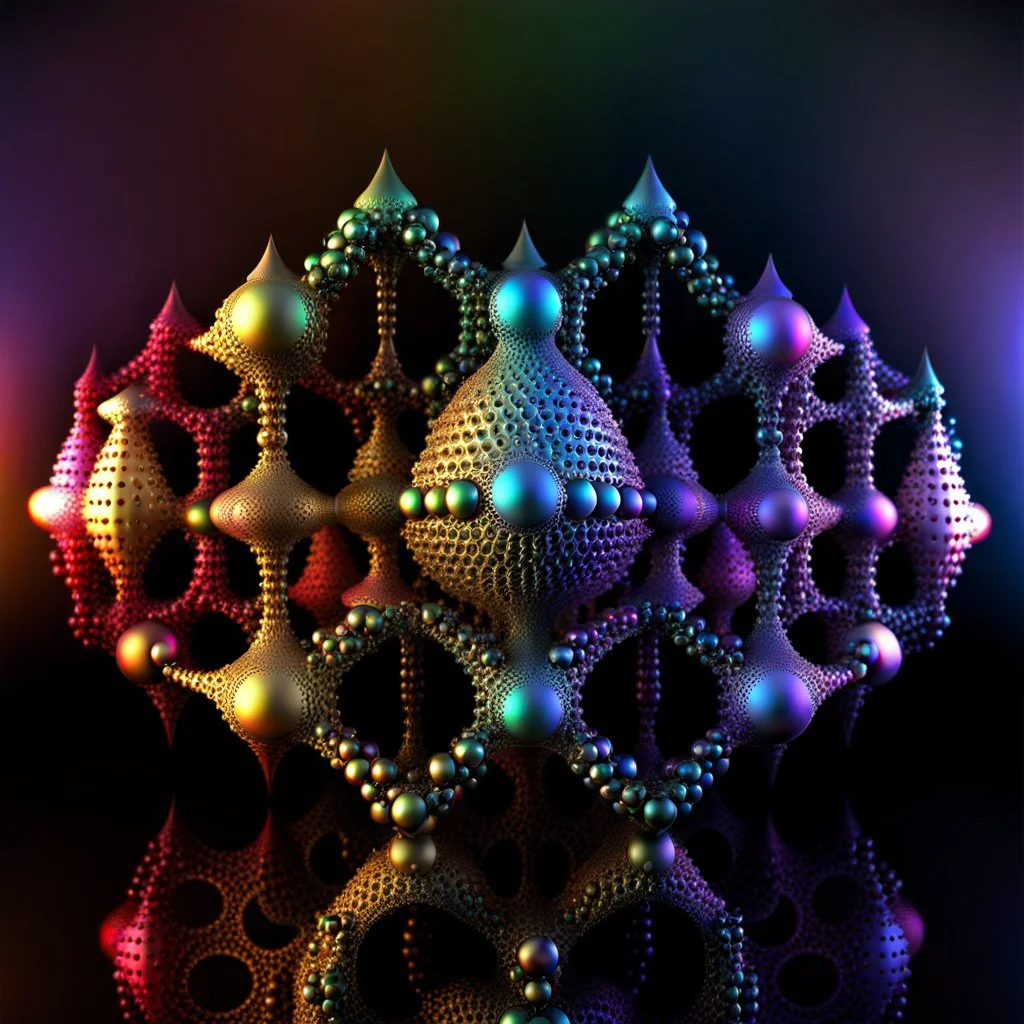 a mandelbulb 3d fractal made of metallic random color shperes, pertty artistc background
