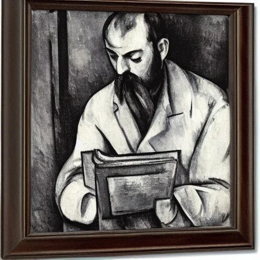 man behind microphone reading book by Cezanne