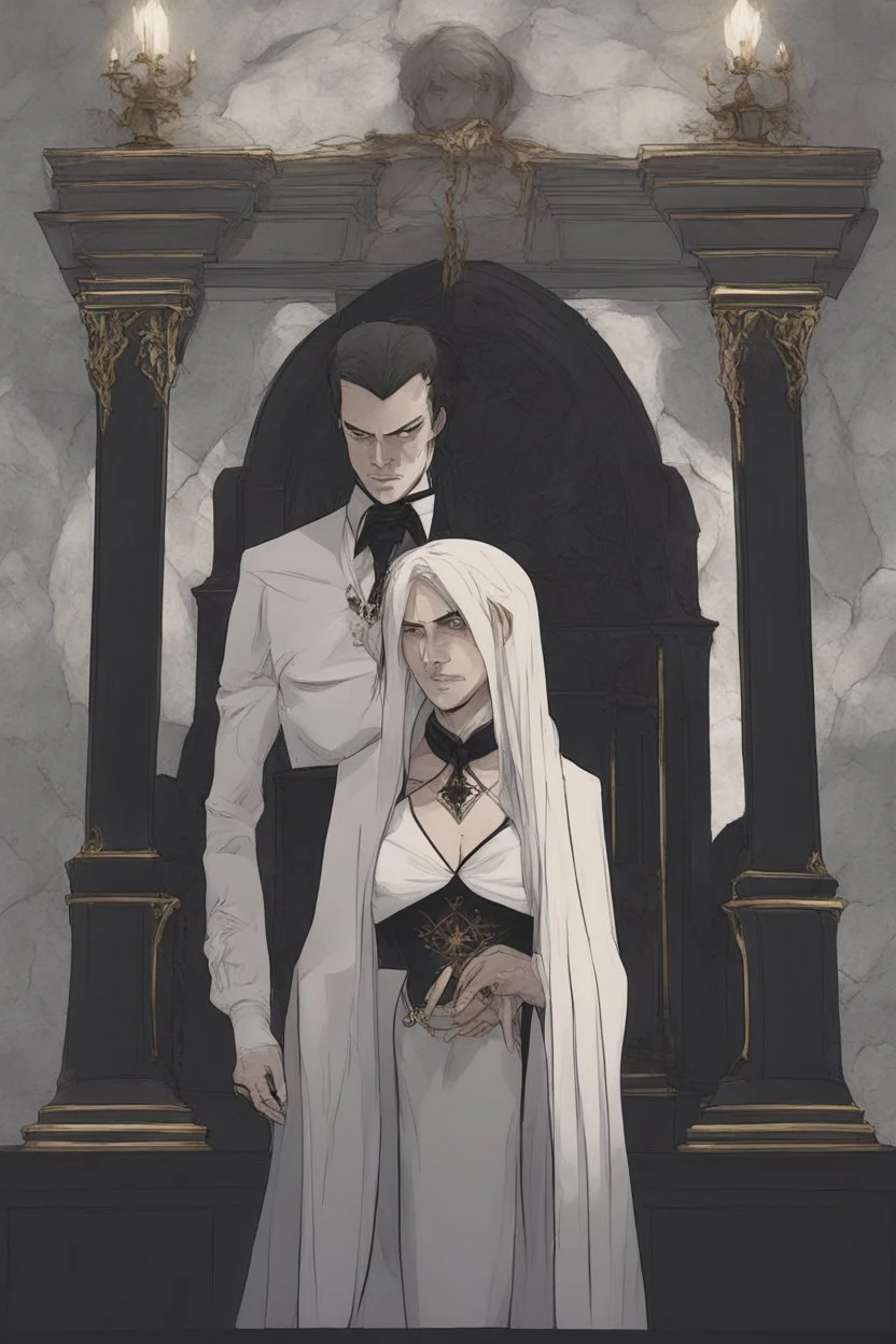 Toomb of the vampire Count Strahd Von Zarovich. Grand room, stone and marble, dark, black coffin made of polished ebony wood and brass. No windows. Strahd bracing his arm on the coffin, being kissed by a woman with long white hair.