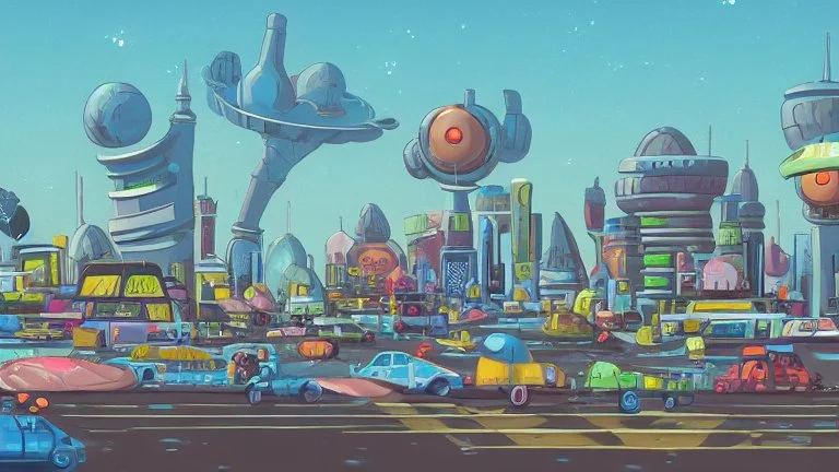 shot from ground level, busy alien town, with people, alien buildings, curved roads, vehicles, and spaceships