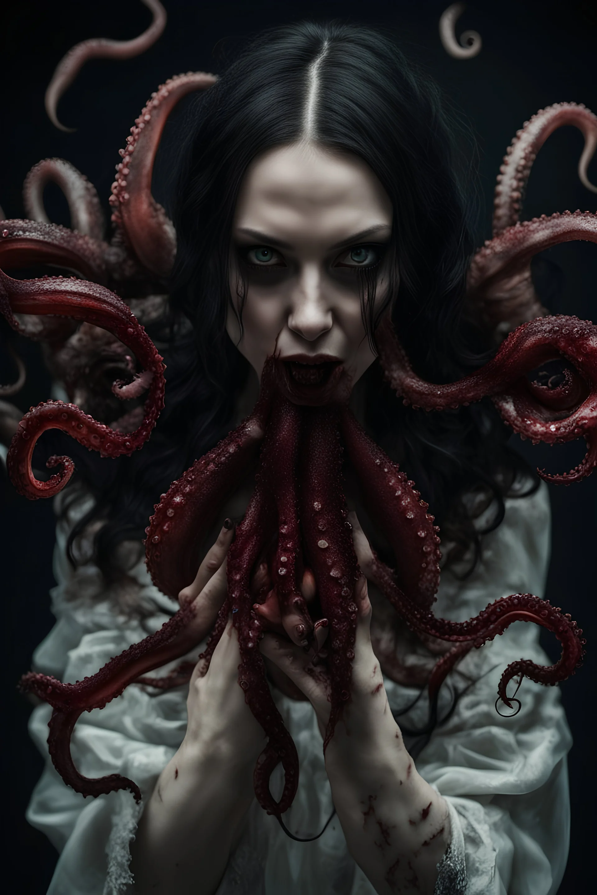 blood, goth woman, leaning pose, full body, squid, octopus creepy, horrifying, sinister, sparks out her mind, 8k, macro photography,